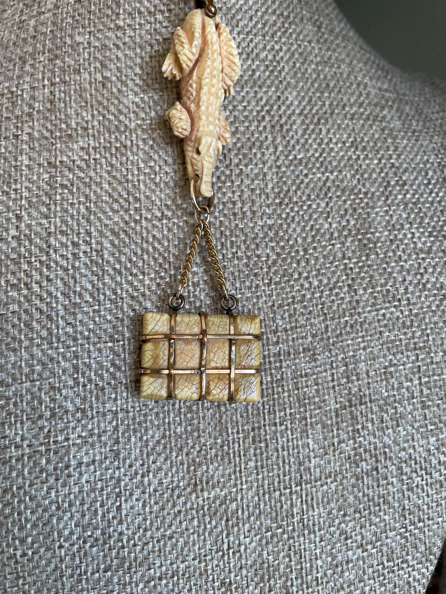 Antique Trio of Victorian Alligator Watch Fob, Suitcase and Edwardian Pocket Watch Brooch