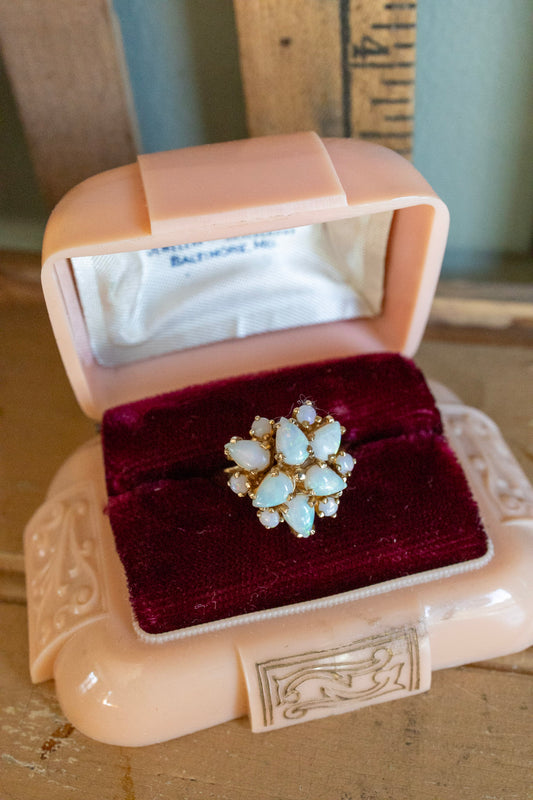 c1970 Vintage 14K Yellow Gold Round and Pear Shaped Opal Statement Ring