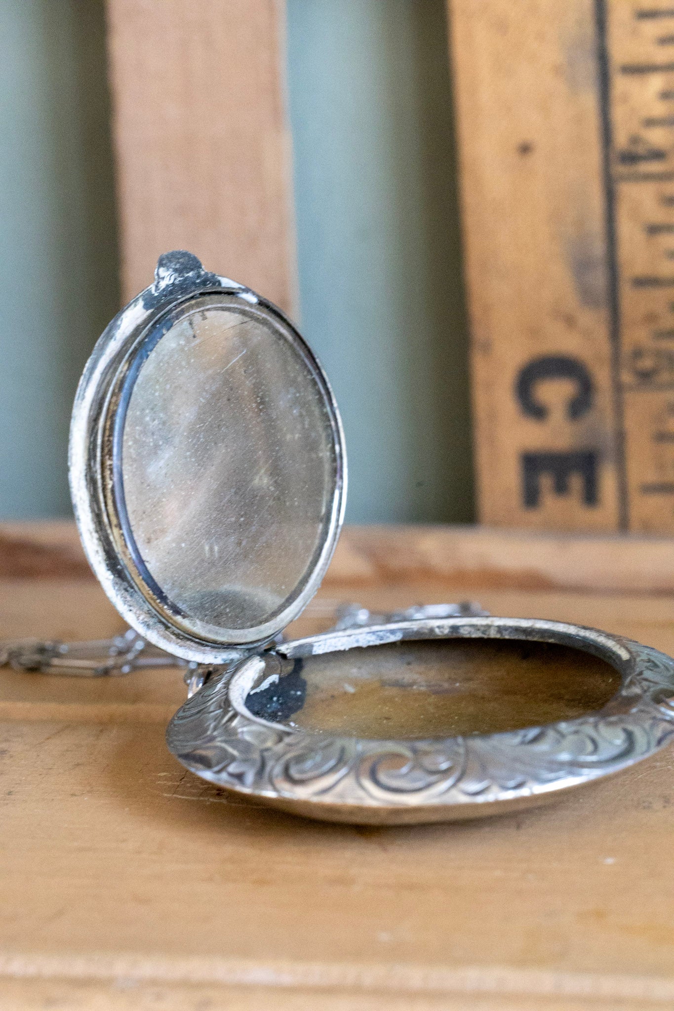 c1920 Art Deco Hand Engraved Round Locket Style Compact on Long Chain