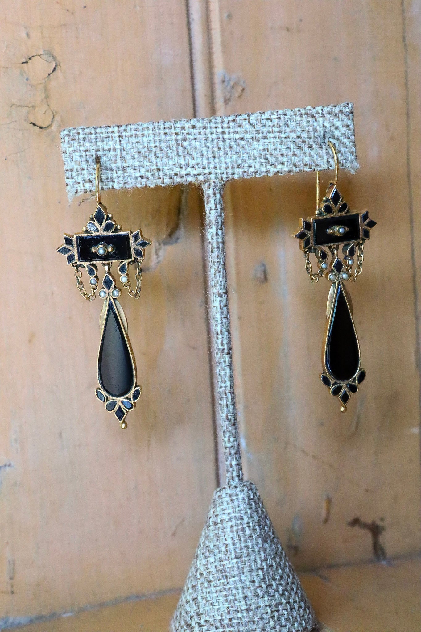 Antique Victorian 14K Gold Black Onyx & Seed Pearl Dangle Earrings