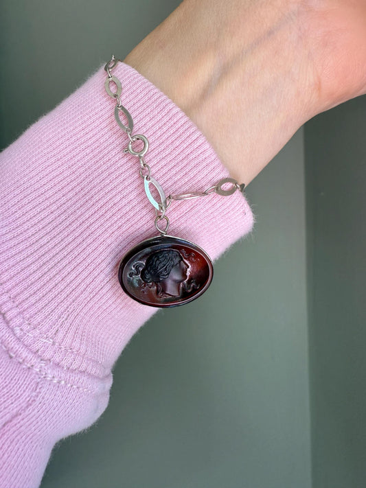 An Antique Glass Tassie Intaglio of a Lady in Profile on a Sterling Silver Bracelet