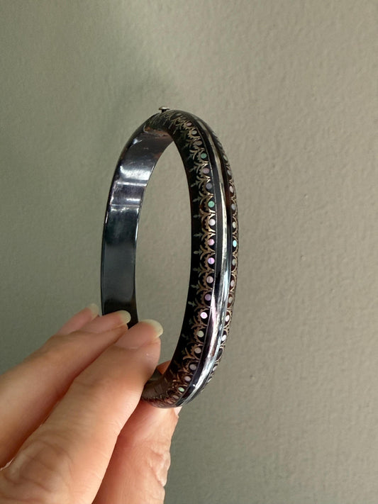 Antique Victorian Silver and Mother of Pearl Pique Inlay Bracelet