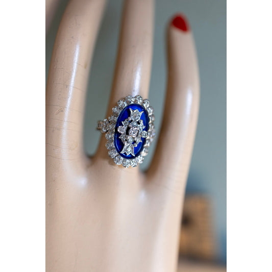 A Georgian Revival 18K English Blue Enamel and Natural Diamond Ring