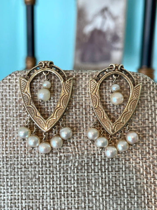 Victorian Revival 10K Yellow Gold Mid Century Pearl Dangle Earrings