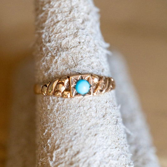 Antique 14K Yellow Gold Late Victorian Turquoise Ring Engraved Pearl