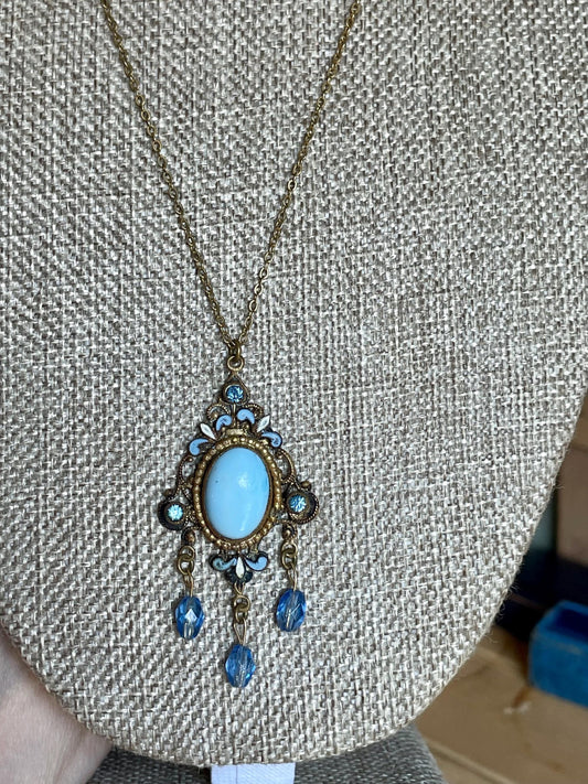 Edwardian Czechoslovakia Robins Egg Blue Enamel Pendant on Chain