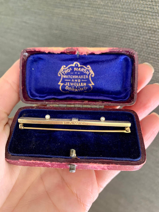 c1920 14K Yellow Gold Allsopp - Bliss Topaz Seed Pearl Bi-Color Bar Brooch