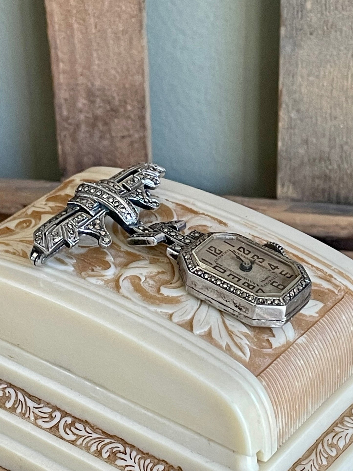 800 Silver Marcasite French Art Deco 1920 Watch Brooch