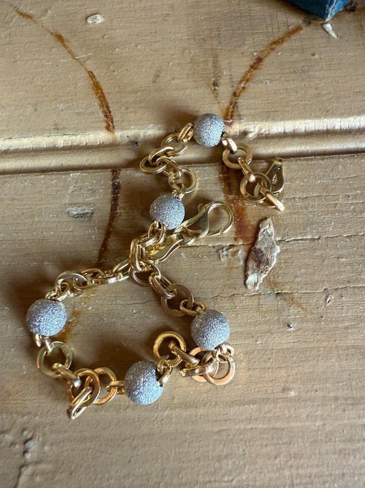 Italian 18K Yellow and White Gold Glitter Ball Link Bracelet
