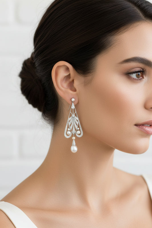 Fine Vintage Iridium Platinum Diamond and Salt Water Pearl Dangle Earrings