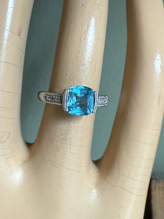 Vintage 10K White Gold Cushion Cut Blue Topaz and Diamond Ring