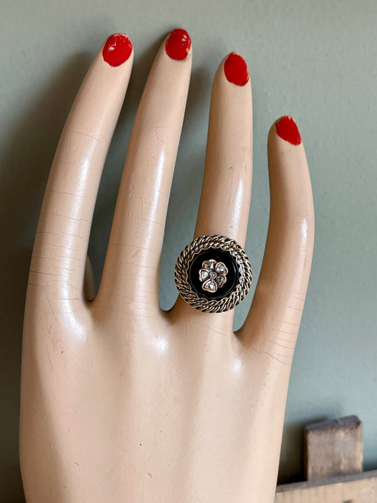 Antique Onyx Rose Cut Diamond Pansy Ring in 14K Yellow Gold