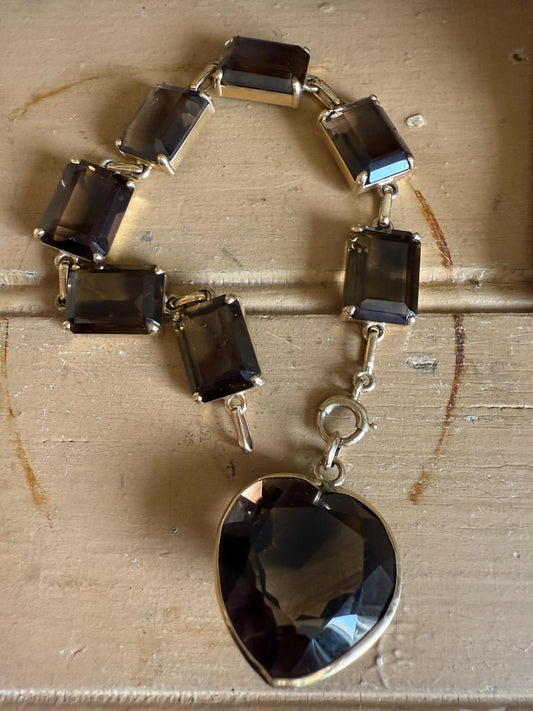 1970's Vintage 14K Yellow Gold Smoky Quartz Link Bracelet with Removable Smoky Quartz Heart