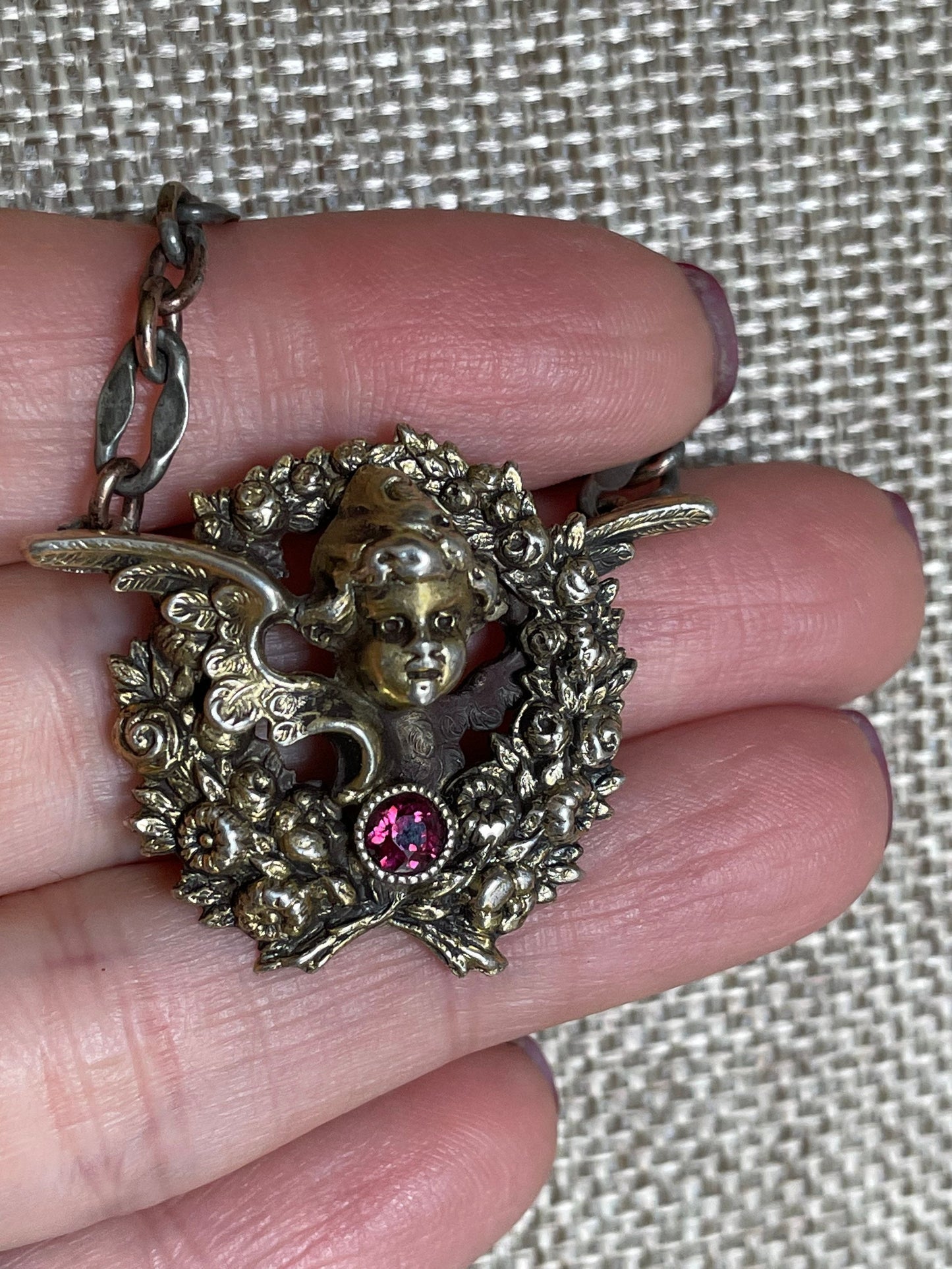Antique Kerr Angel Cupid Pendant with Simulant Ruby