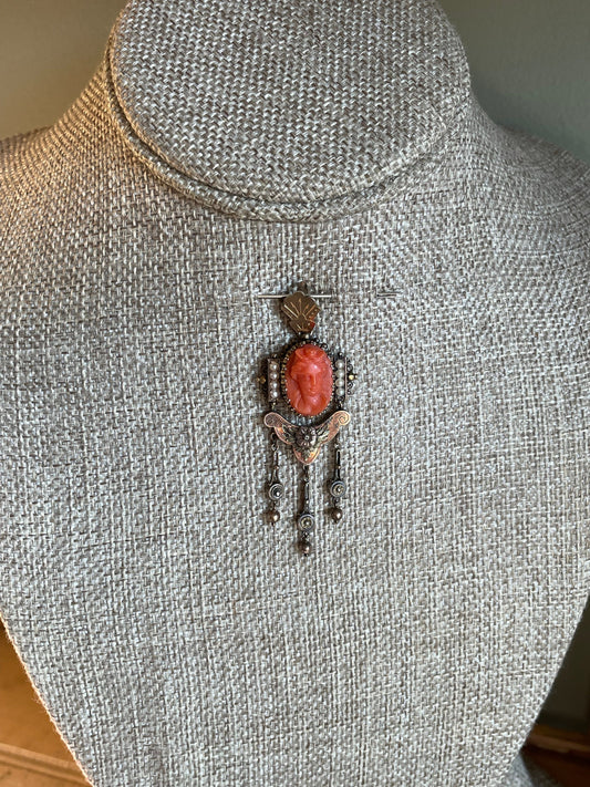 c1880 Victorian Hand Carved Coral Cameo Dangle 14K Pendant
