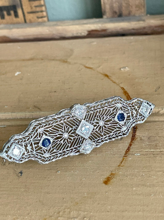 1930-1940 14K White Gold Filigree Diamond and Sapphire Brooch