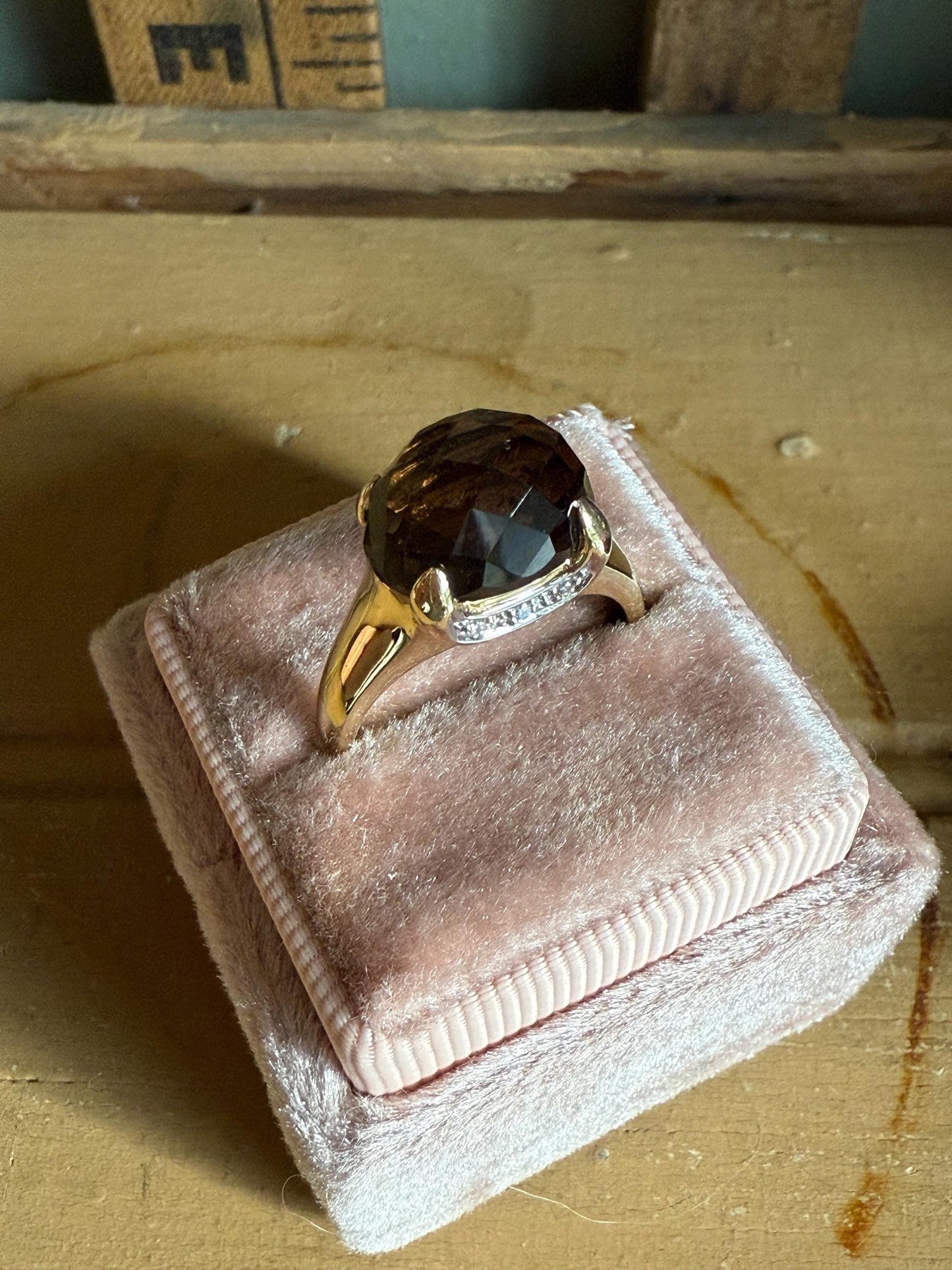 Vintage 14K Yellow Gold Checkerboard Cut Cabochon Smoky Quartz and Diamond Ring