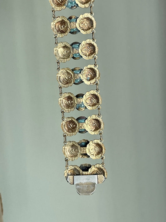 Late Edwardian Early Art Deco Aqua Paste Brass Alloy Wide Bracelet