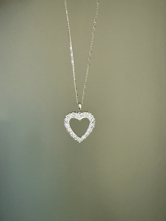 1950's Vintage 10K White Gold Diamond Set Heart Pendant on 10K White Gold Chain