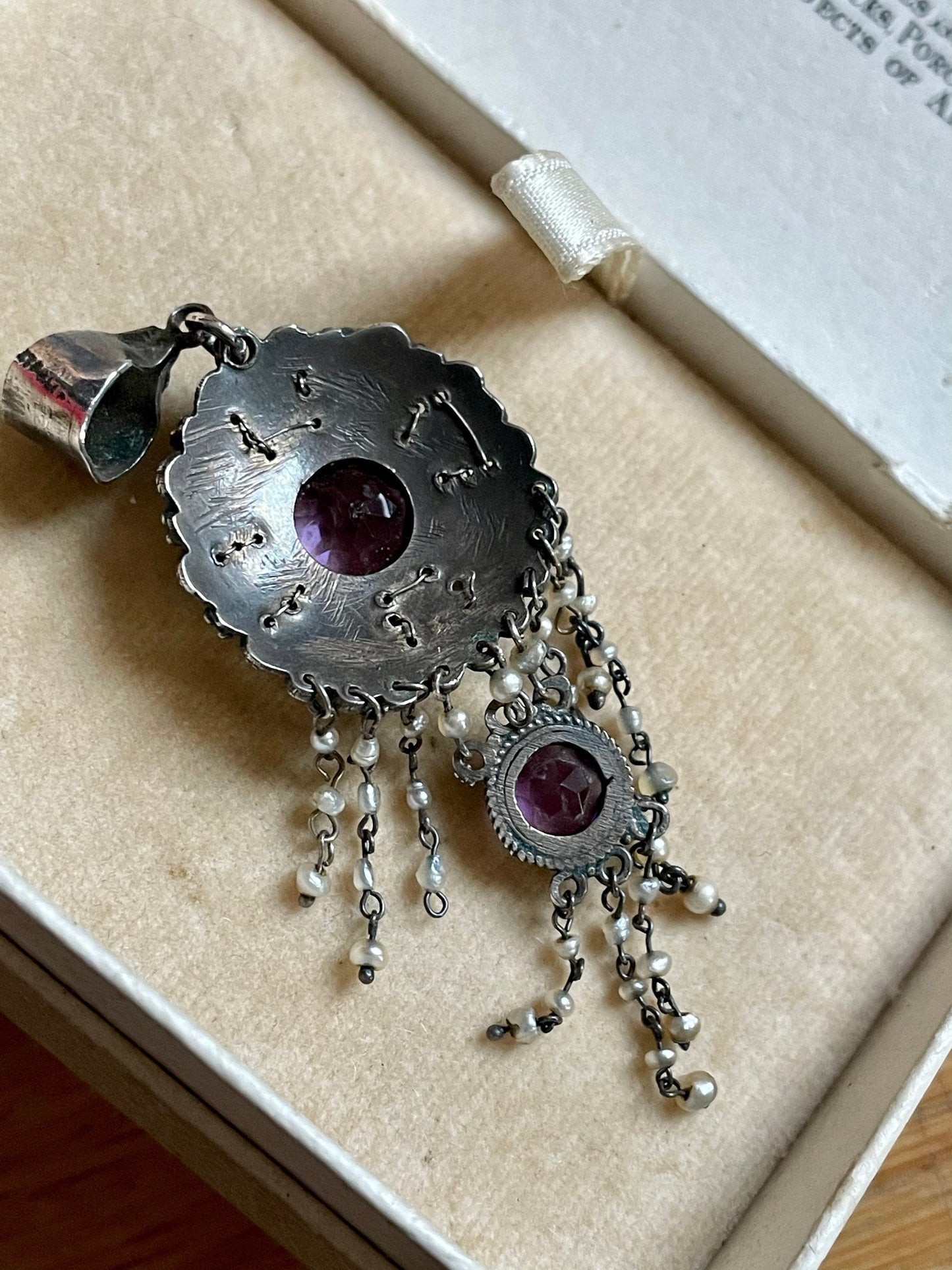 Late Victorian / Art Nouveau Amethyst and Seed Pearl Dangle Pendant
