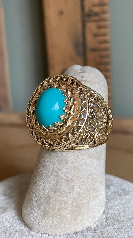 14K Yellow Gold Large Filigree Imitation Turquoise Ring