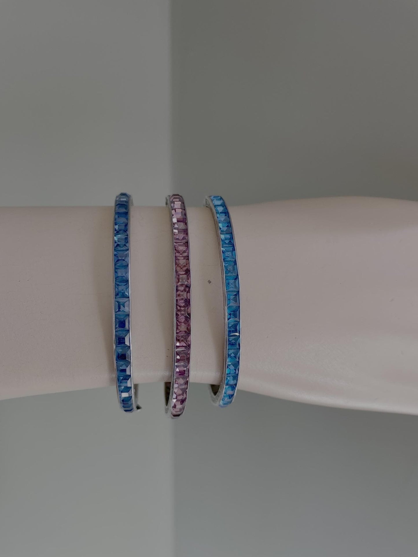 Art Deco Sterling Silver Bracelet Bangle: Ceylon Blue & Rose Cut Glass