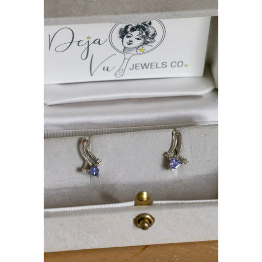 10K White Gold Triangle Cut Tanzanite and Diamond Earrings