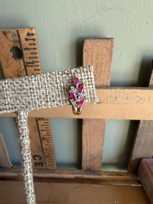 Vintage 1980 14K Yellow Gold Ruby and Diamond Earrings Half Hoops