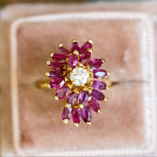 c1990 14K Yellow Gold Natural Ruby and Diamond Spray Ring