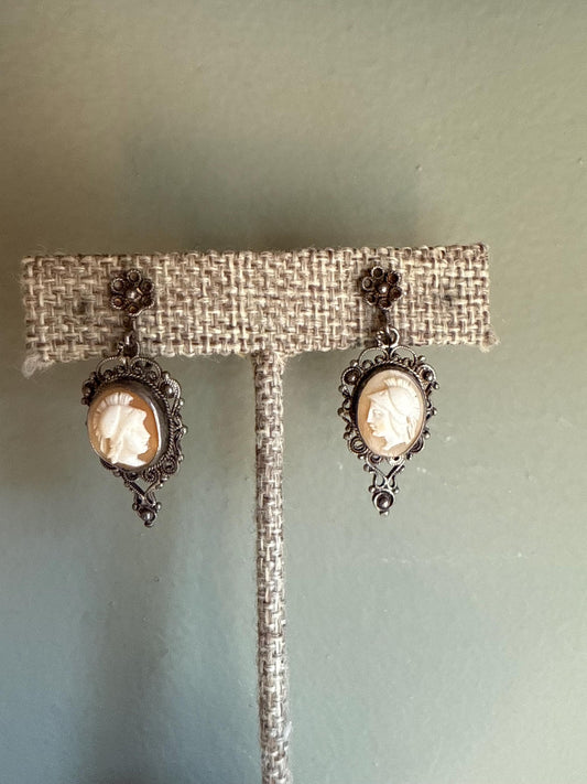 1930-1940 900 Silver Hand Carved Cameo Dangle Earrings