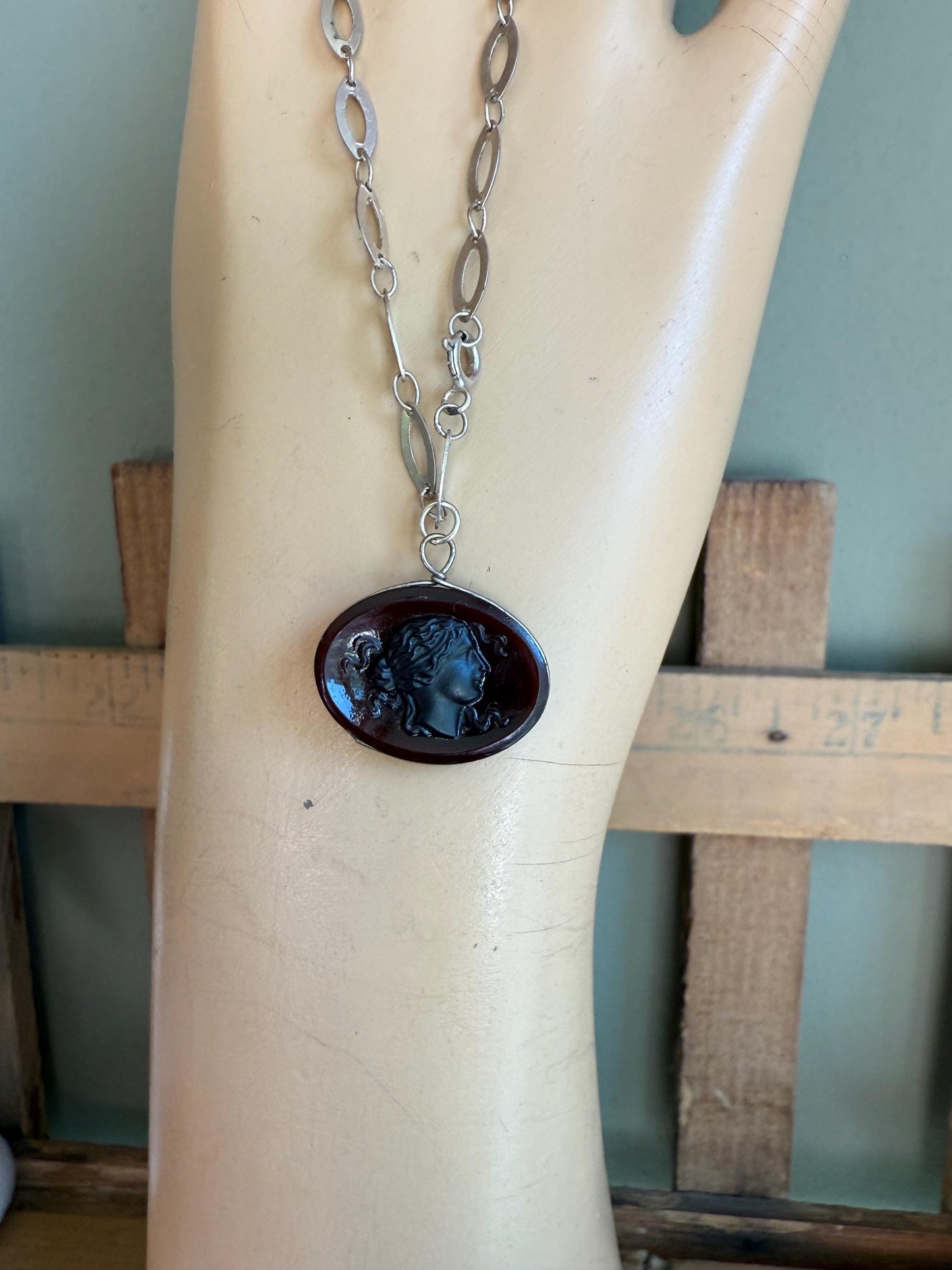 An Antique Glass Tassie Intaglio of a Lady in Profile on a Sterling Silver Bracelet