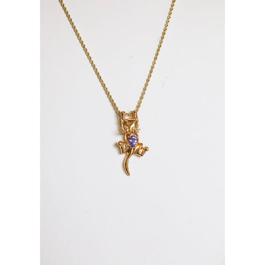 Vintage 14k Yellow Gold Hanging Cat Pendant with Tanzanite and Diamonds