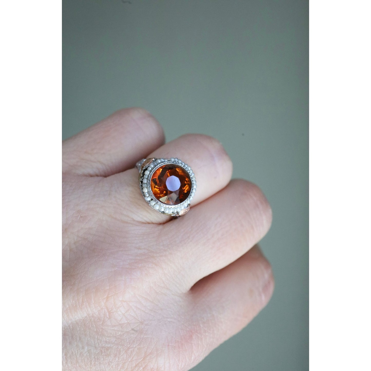 c1930 Art Deco 14K White, Rose, Green Gold Filigree Maderia Citrine and Seed Pearl Ring
