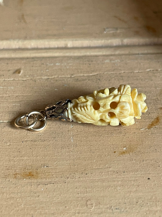 Antique Floral Carved Tear Drop Pendant Charm