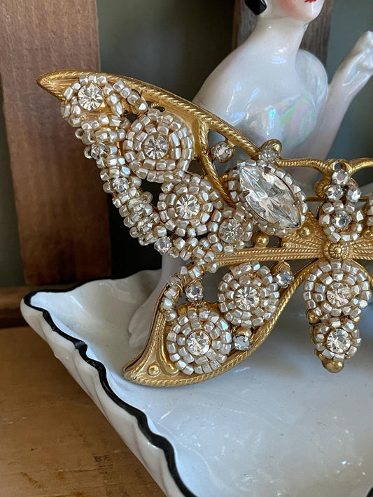Huge Miriam Haskell Designer Butterfly Brooch French Glass Pearls and Rhinestones