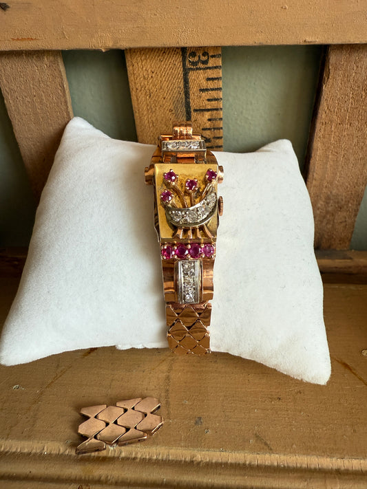 Vintage 1930’s 14K Rose, Green and White Gold Art Deco Ruby and Diamond Surprise Watch