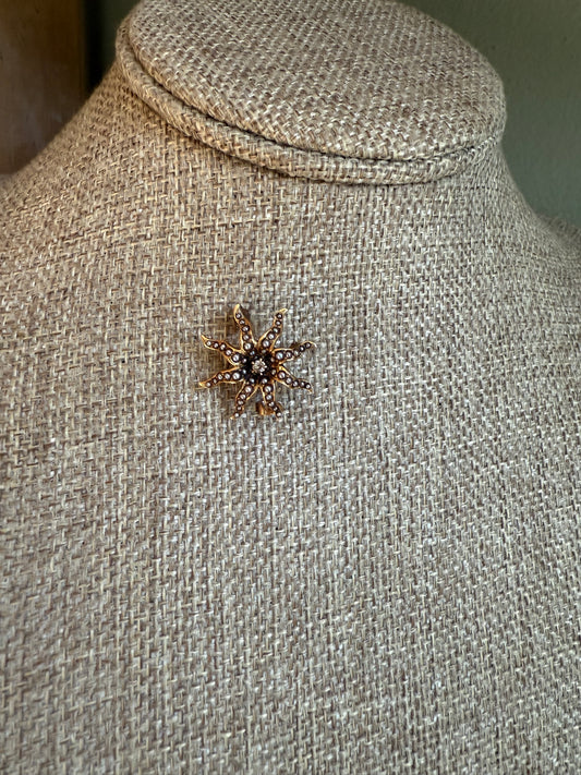 Victorian Antique Natural Seed Pearl and Diamond Star Burst Brooch Pendant