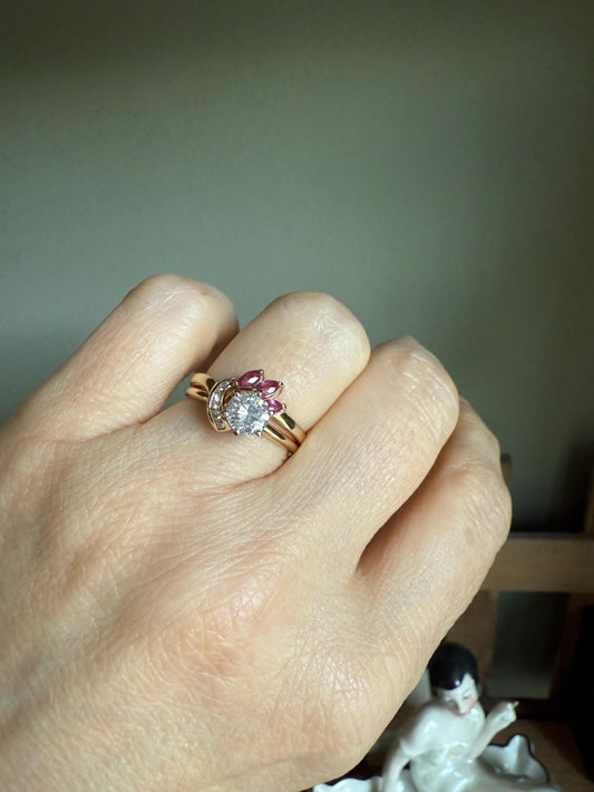 Vintage Two Piece Diamond Set in 14K Yellow Gold with Approx. .65 ct Natural Brilliant Cut Diamond and Rubies