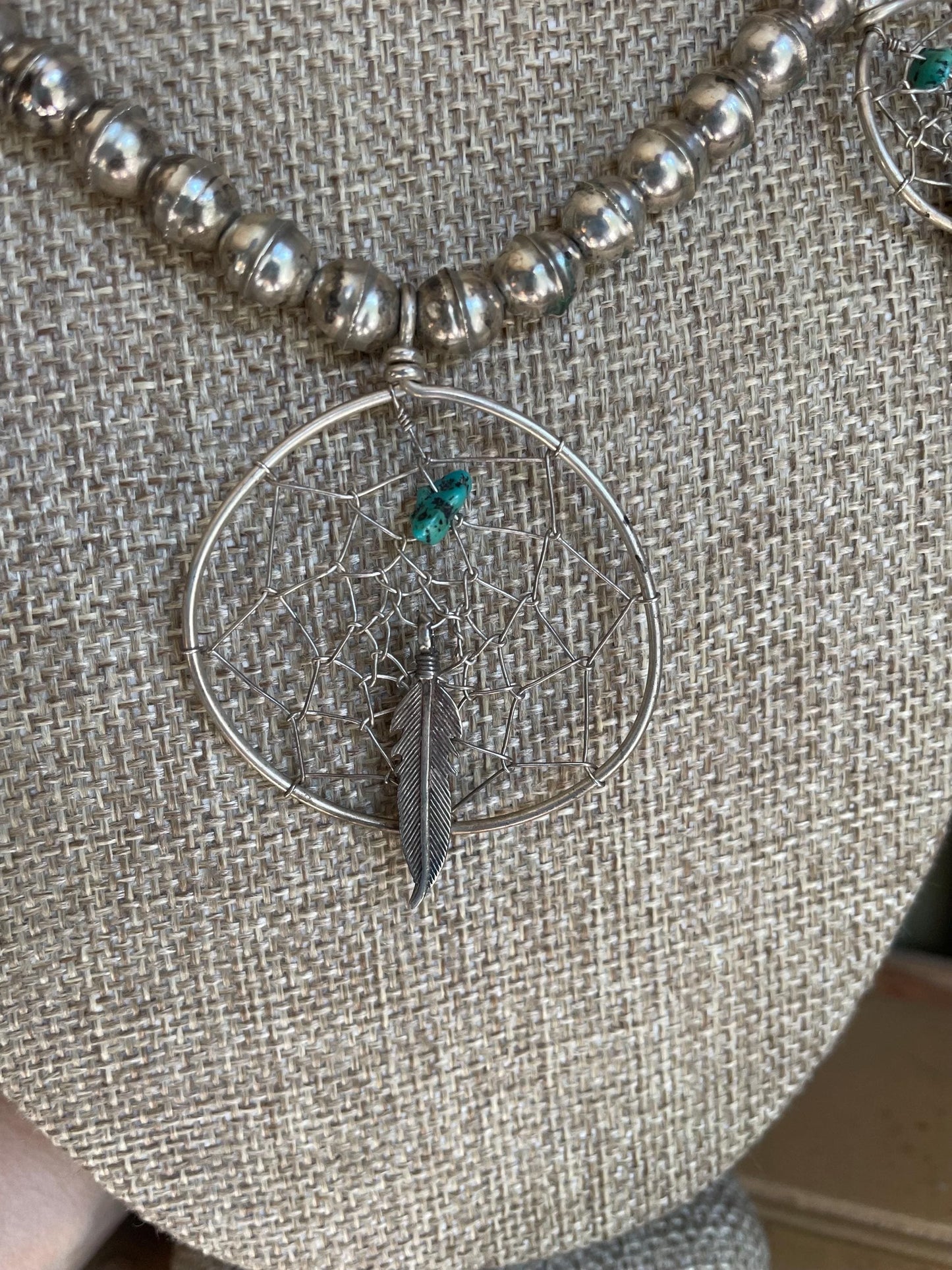 A Vintage Navajo Sterling Silver Handmade Dream Catcher Turquoise Nugget Necklace