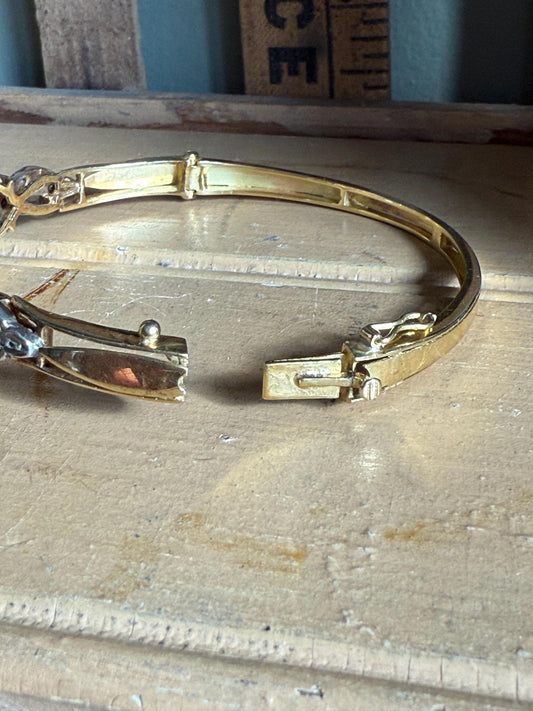 Vintage Italian Natural Sapphire and Diamond 18K Yellow Gold and Sterling Silver Topped Bangle Bracelet