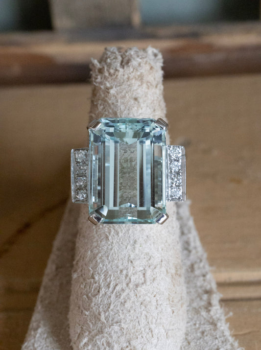 Mid Century Bold 14K White Gold 23 Ct Emerald Cut Aquamarine and Diamond Cocktail Ring