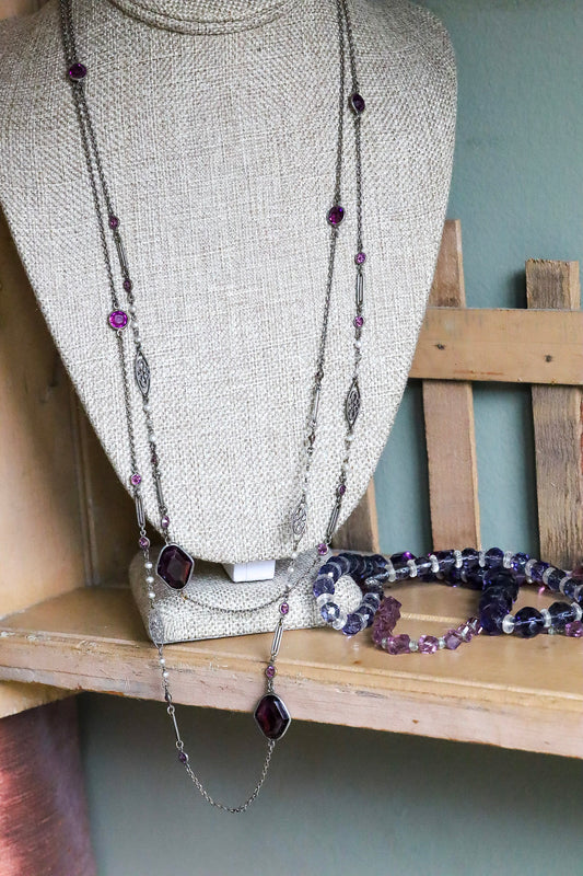c1900 Antique Long Watch Chain with Glass Amethyst and Pearls