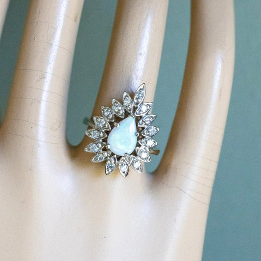 1960'S 14K White Gold Bold Opal and Diamond Cocktail Ring