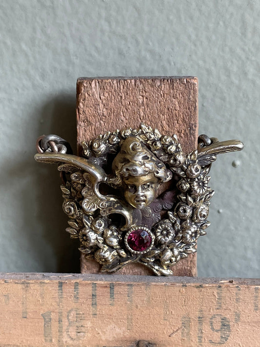 Antique Kerr Angel Cupid Pendant with Simulant Ruby
