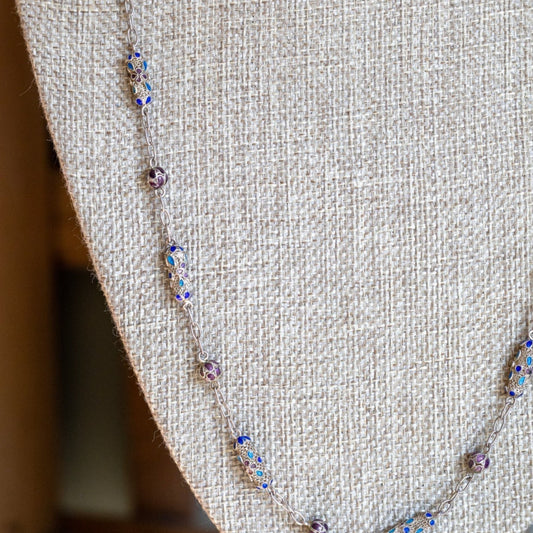 Antique Silver Chinese Export Filgree Enamel Bead Necklace
