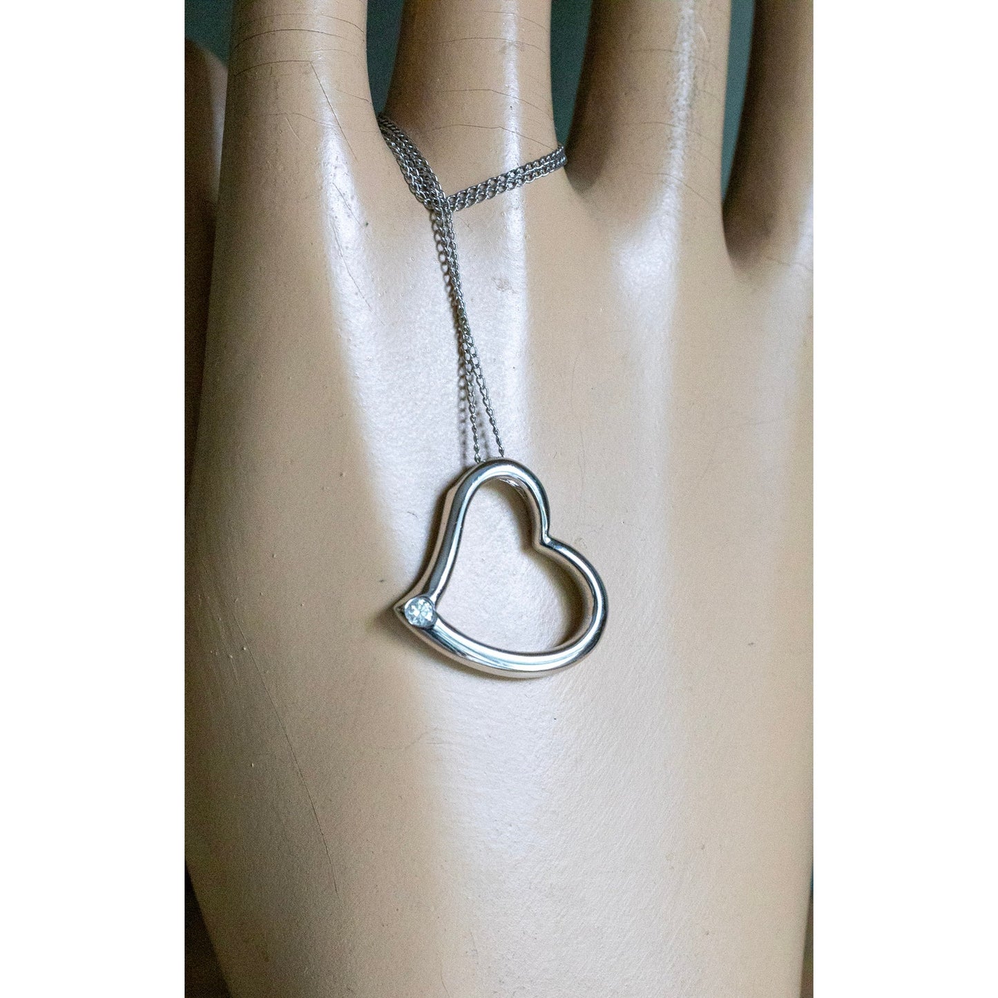 14K White Gold Open Heart Pendant with Natural Round Brilliant Cut Diamond on 14K Gold Chain