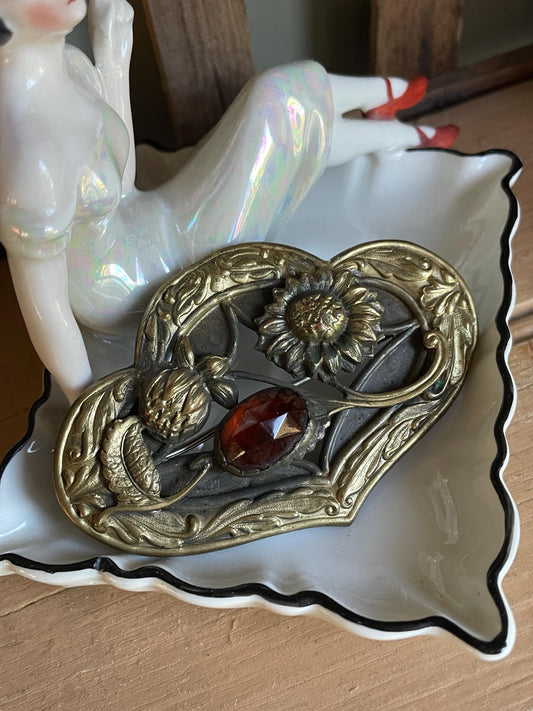 c1900 Antique Edwardian Faceted Glass Stone Floral Sash Brooch