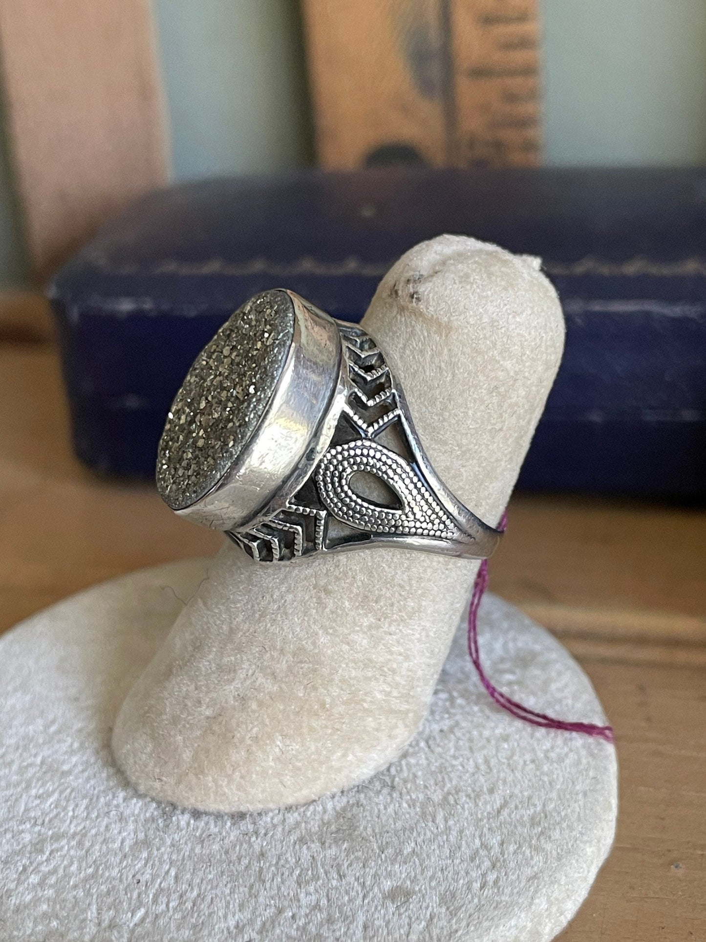 Vintage Filigree Sterling Silver Pyrite Druzy Ring - Size 5.25