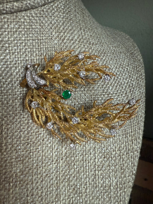 C1960 18K Yellow and White Gold Diamond and Emerald Spray Brooch by Arnold & Steere Co.
