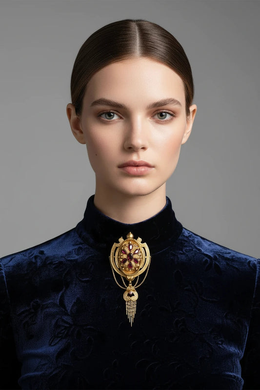 Antique Victorian c1880 14K Yellow Gold Dramatic Locket Brooch Set with Garnets